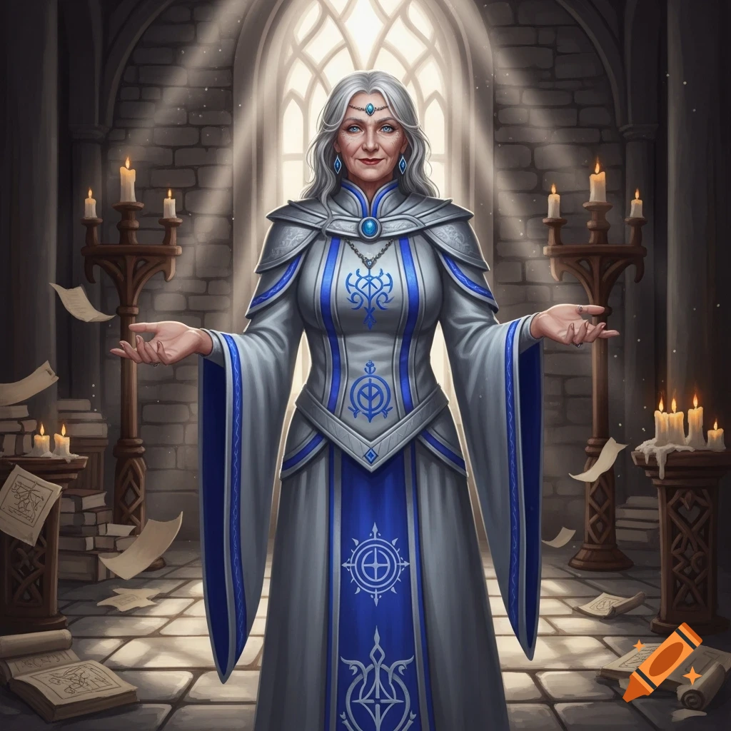 An older human cleric woman in a silver and blue robe stands in a candlelit stone church, looking mischievous.