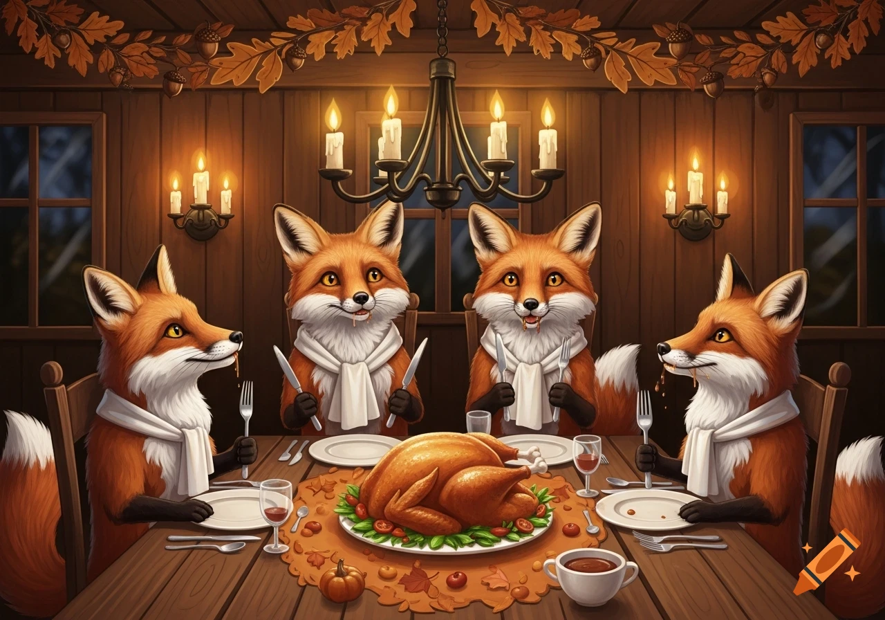 Four hungry anthropomorphic foxes sit at a candlelit Thanksgiving dinner table, ready to eat a roasted turkey, in a festive illustration.