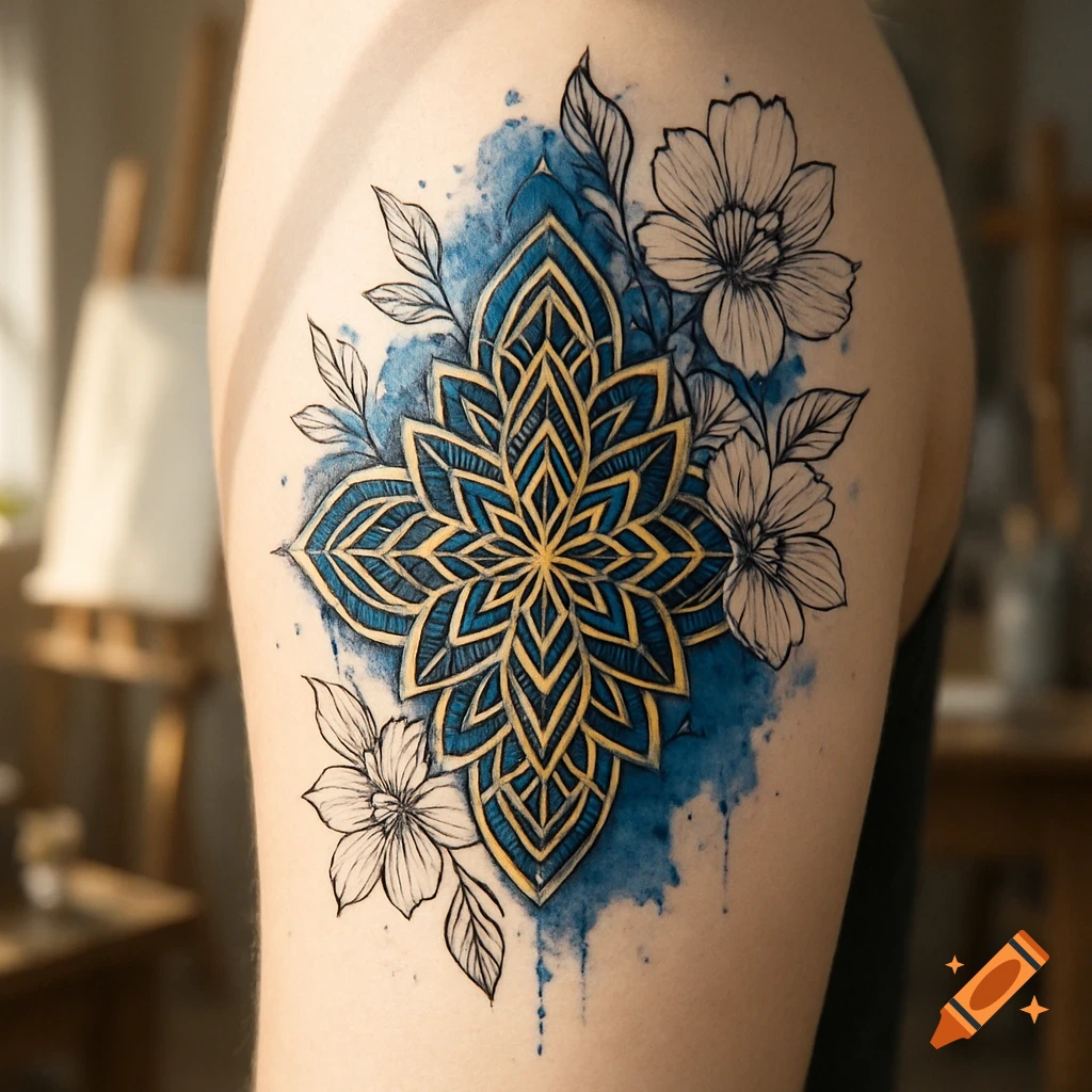 A vibrant blue and gold mandala and floral tattoo on a person's skin, with a watercolor splash background.