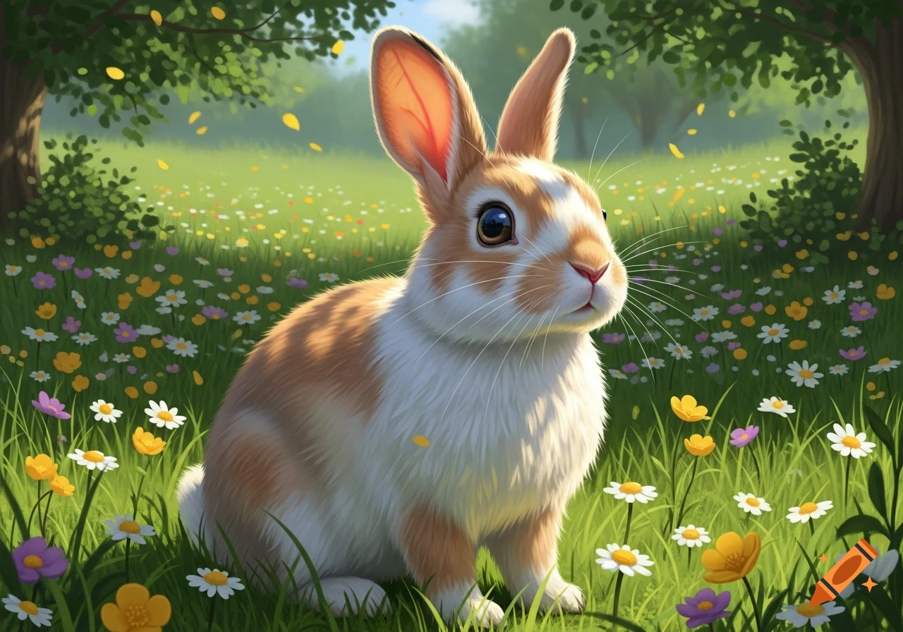 A cute, fluffy brown and white rabbit sits in a vibrant green meadow filled with colorful wildflowers under a sunny sky.
