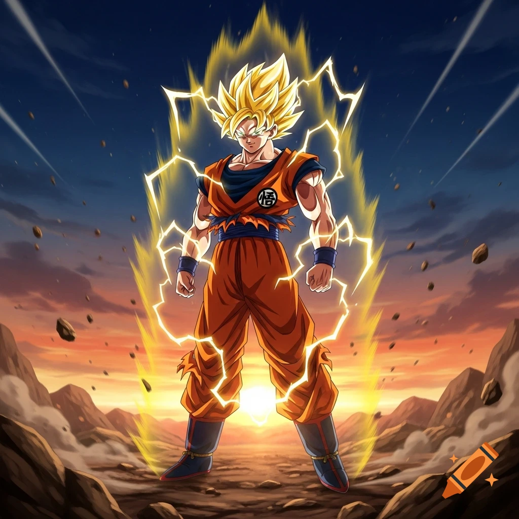 Anime illustration of Super Saiyan Goku powering up with golden energy on a rocky landscape at sunset.