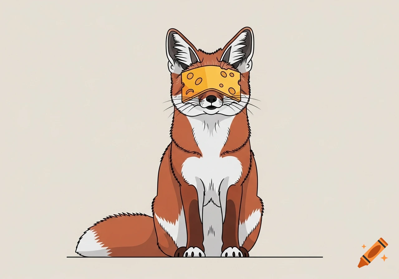 A cartoon illustration of a fox sitting with a slice of American cheese covering its eyes.
