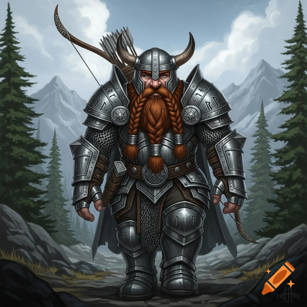 A heavily armored dwarf hunter with a long braided red beard, horned helmet, and a bow and quiver, stands on a rocky path in a mountain forest. Stylized digital art.