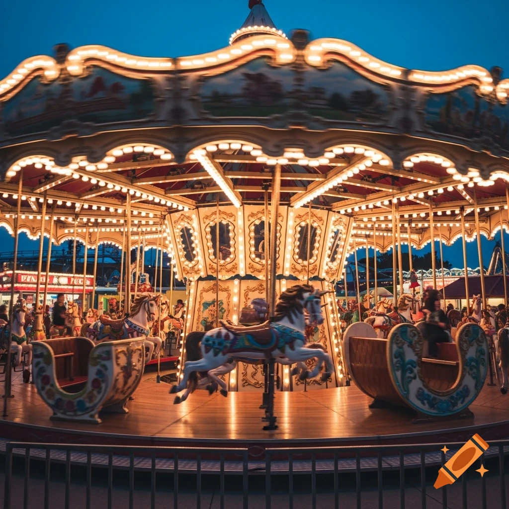A vibrant, brightly lit carousel with horses and benches spinning at night, against a dark blue sky.