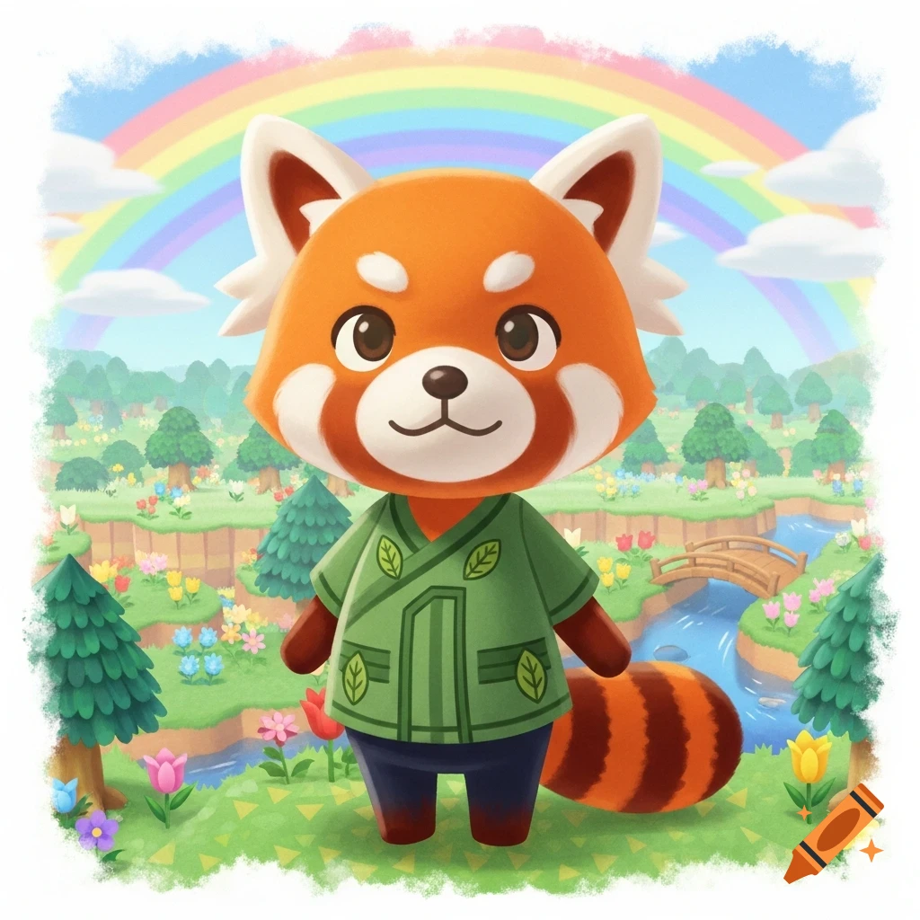 A cute Animal Crossing style red panda character wearing a green leaf shirt stands in a colorful landscape with a rainbow.