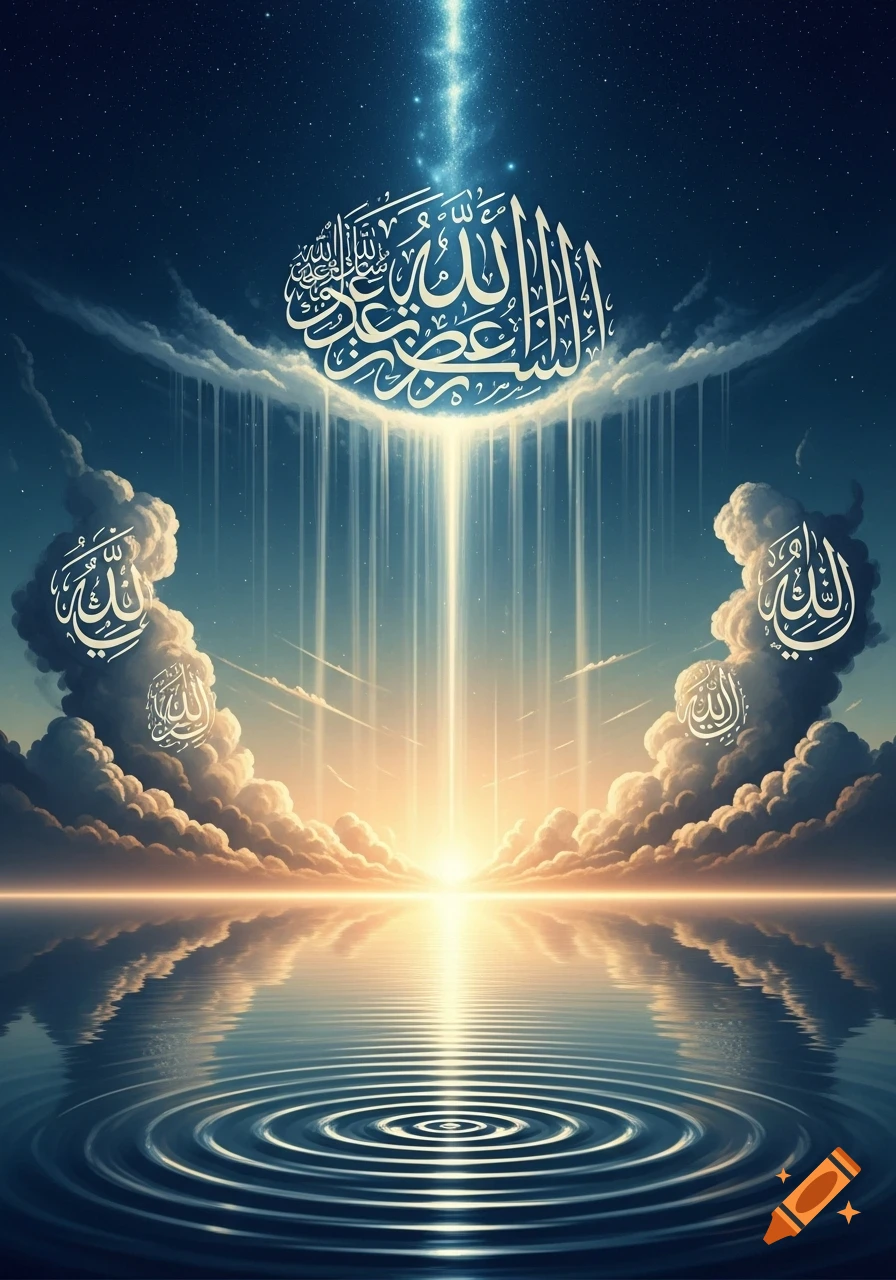 Arabic calligraphy representing God, illuminated by a celestial light beam descending into tranquil water with ripples, under a starry sky with clouds.