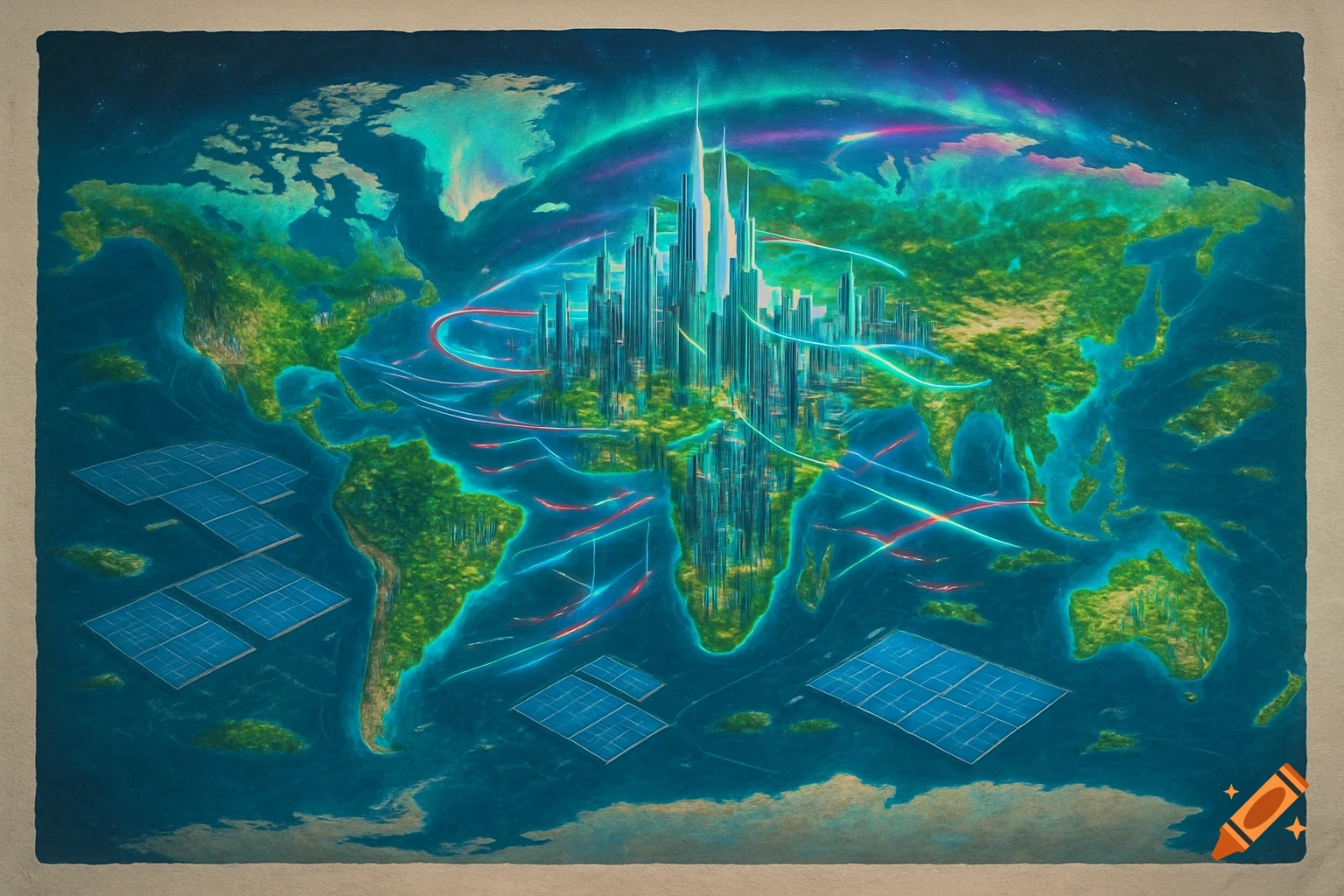 A vibrant, stylized world map with a futuristic city, glowing energy lines connecting continents, and solar panels in the oceans under an aurora.