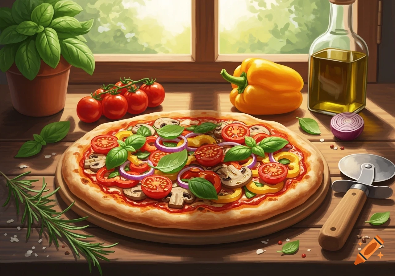 A detailed illustration of a vibrant vegetable pizza with basil, tomatoes, onions, and mushrooms on a rustic wooden table, surrounded by fresh ingredients and a pizza cutter near a window.