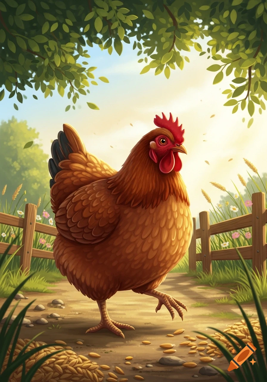 An illustrative image of a brown chicken with a red comb walking on a dirt path in a sunny field with a wooden fence and green trees.