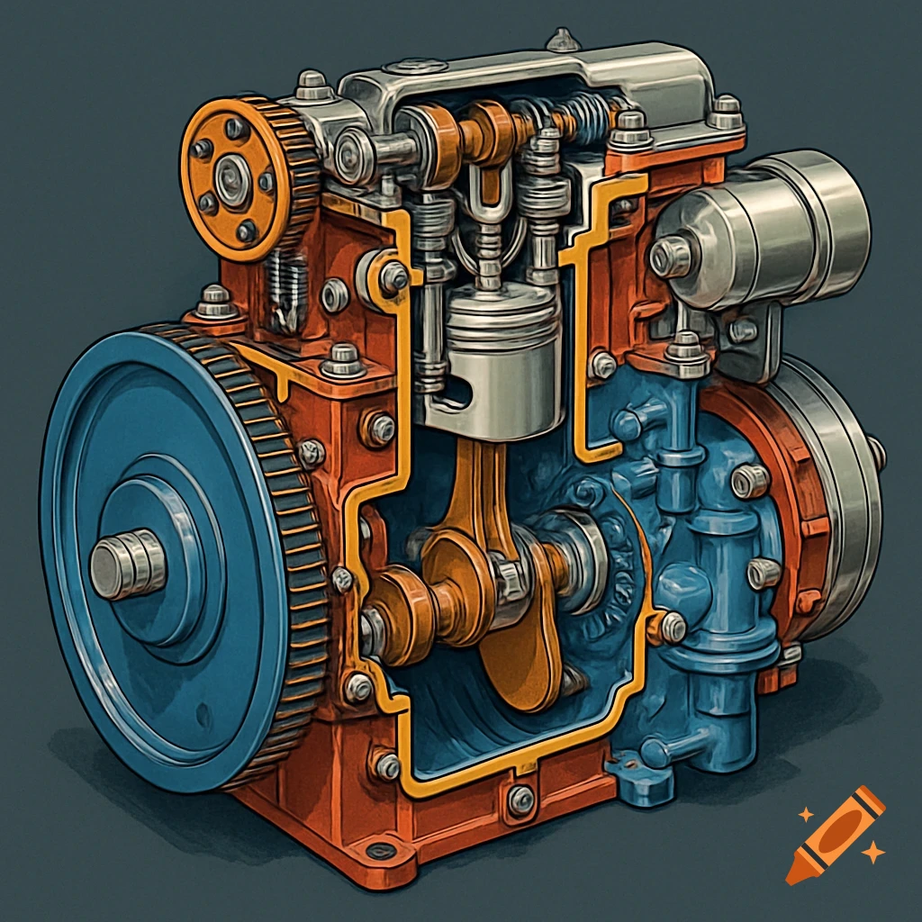 A detailed cross-sectional technical illustration of an engine, showing internal pistons, gears, and connecting rods in red, blue, and silver.