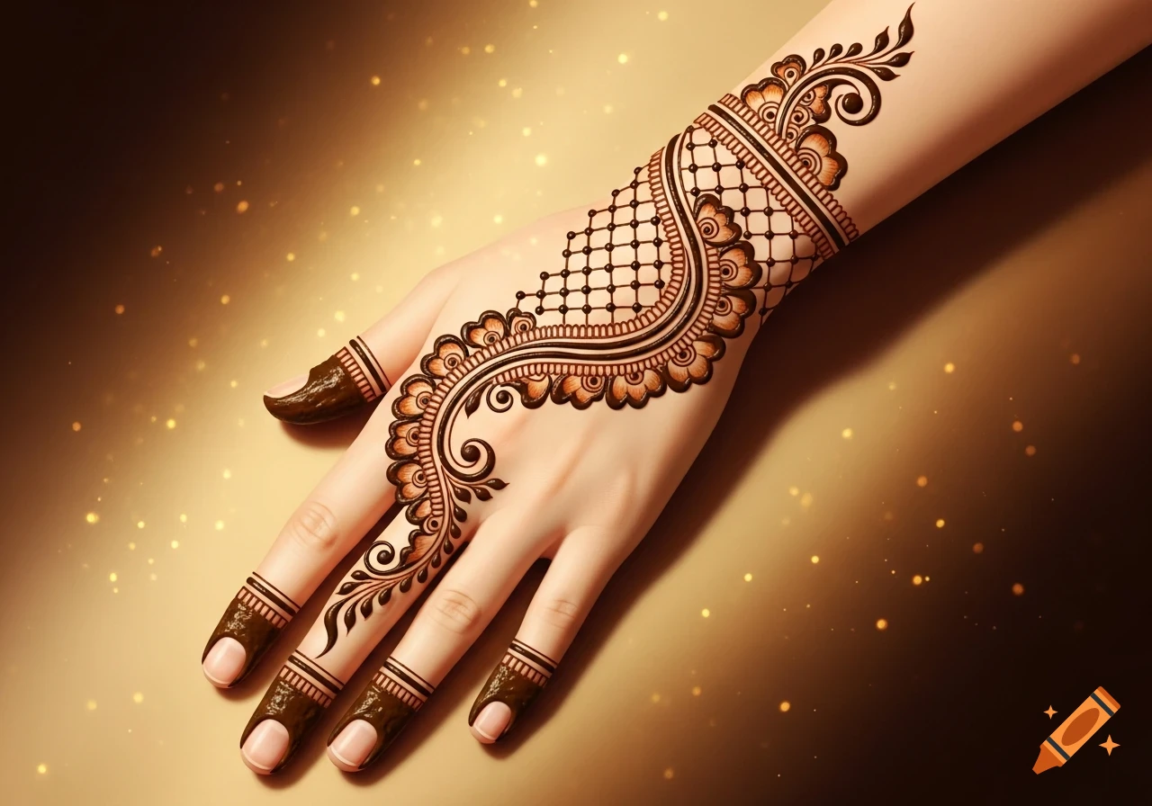 A hand adorned with an intricate, dark brown Arabic mehndi design featuring swirls and a mesh pattern, against a sparkling gold background.