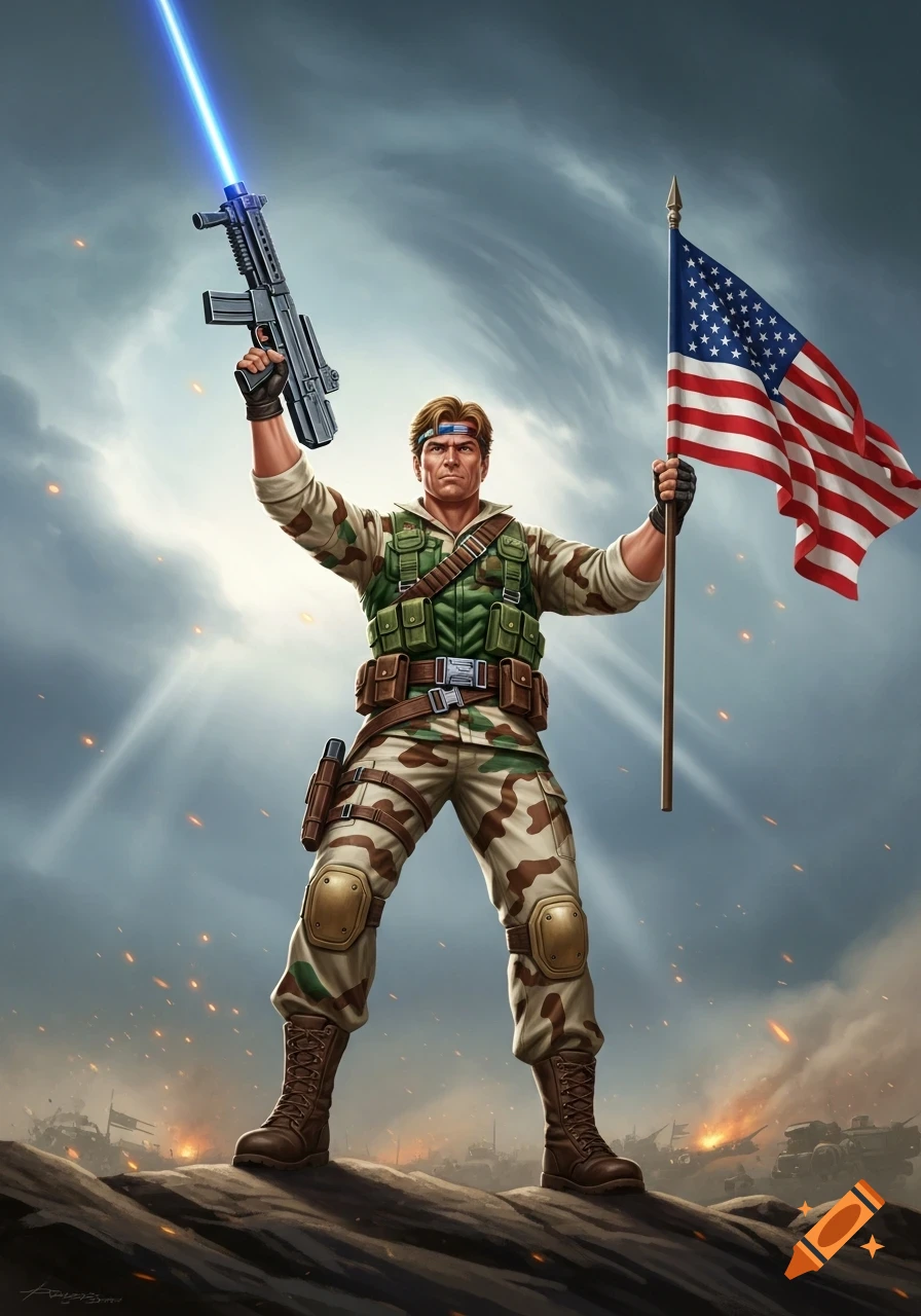 A muscular, fair-haired soldier resembling GI Joe's Duke stands on a battlefield, holding a laser rifle aloft and an American flag.