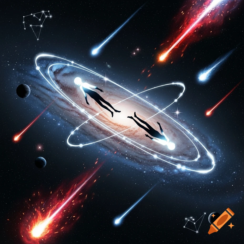 A cosmic scene with two abstract, silhouetted figures within glowing orbits around a galaxy, surrounded by planets and streaking meteors.