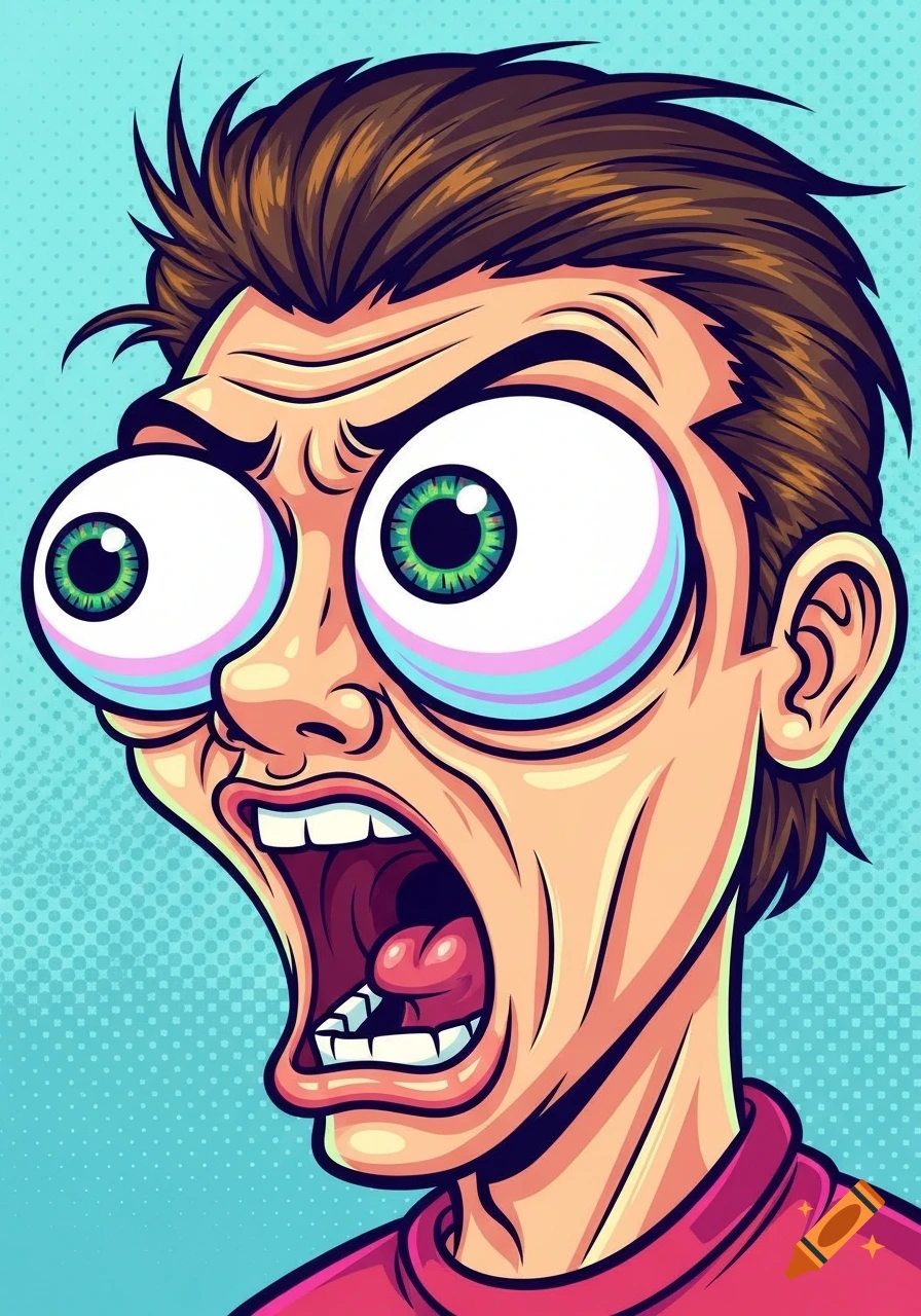 Cartoon man with bulging eyes and wide-open mouth screaming in an exaggerated, meme-style illustration on a blue halftone background.
