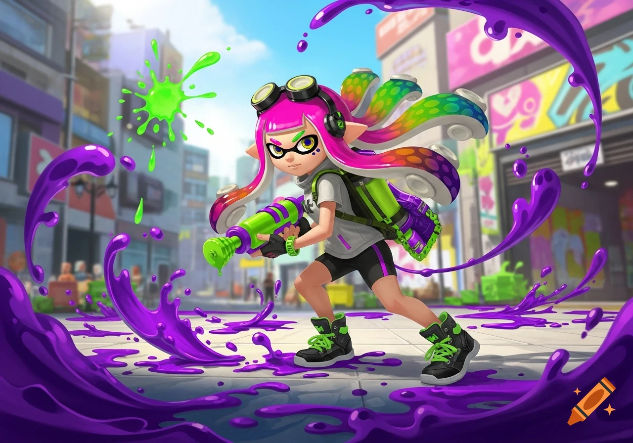 A pink-haired Splatoon-style Inkling or Octoling character holds a green and purple ink blaster, surrounded by purple and green ink splatters in a city street.