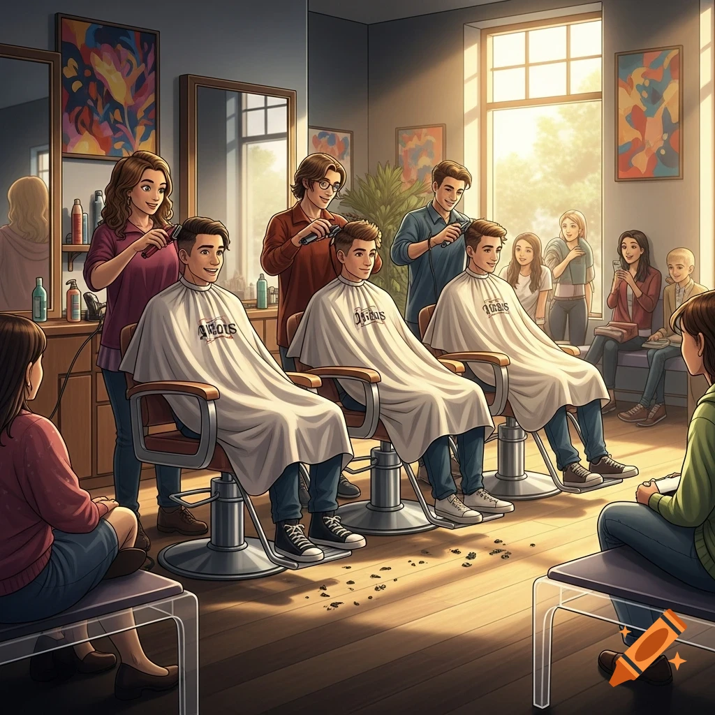 A cartoon-style illustration of a busy barbershop with several men getting haircuts and others waiting.
