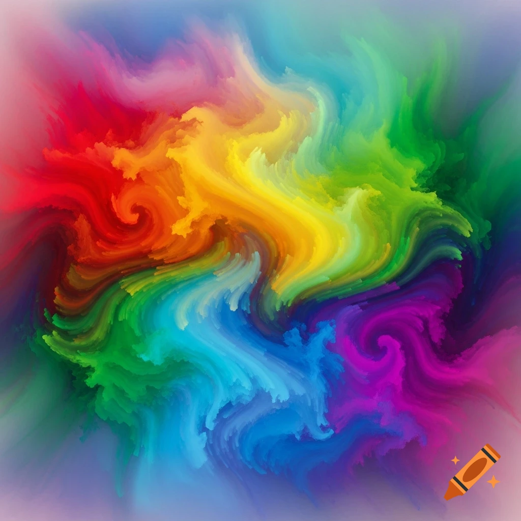A vibrant abstract swirl of red, orange, yellow, green, blue, and purple colors.