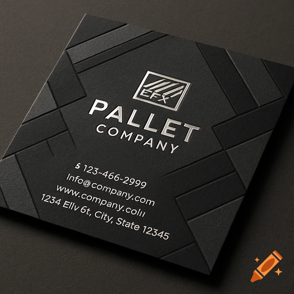 Modern black business card for a pallet company with silver embossed text and a geometric pattern.