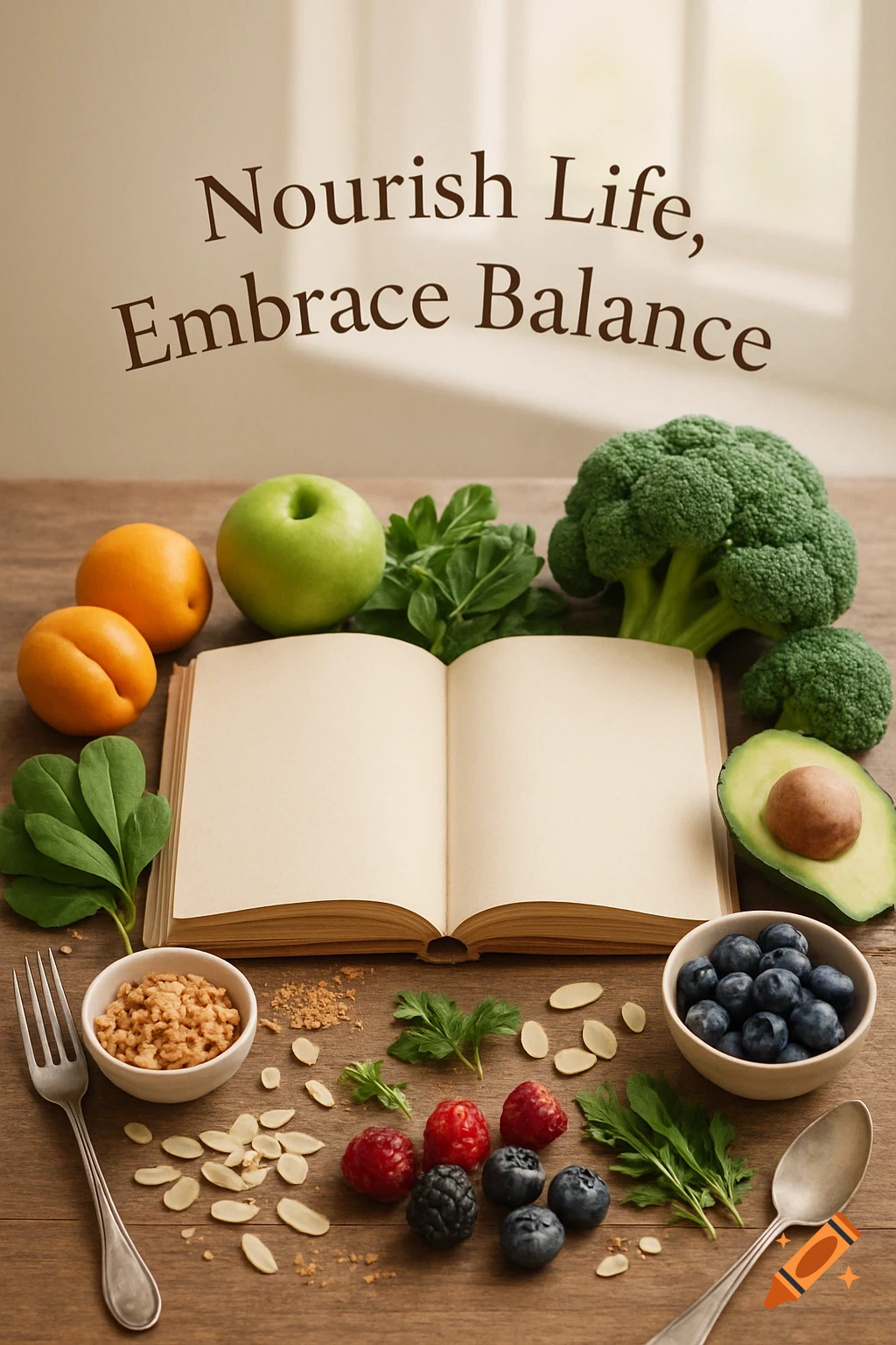 An open book surrounded by various healthy foods like fruits, vegetables, and nuts on a wooden table, with the text "Nourish Life, Embrace Balance" floating above.