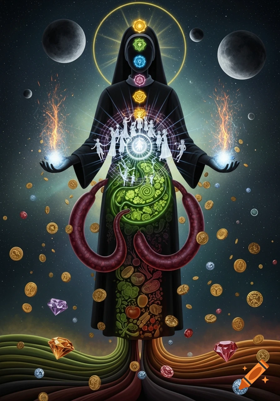 A nun-like figure in a cosmic setting, glowing with chakras, holding energy orbs, surrounded by floating people, food, jewels, and coins, with roots extending from below.