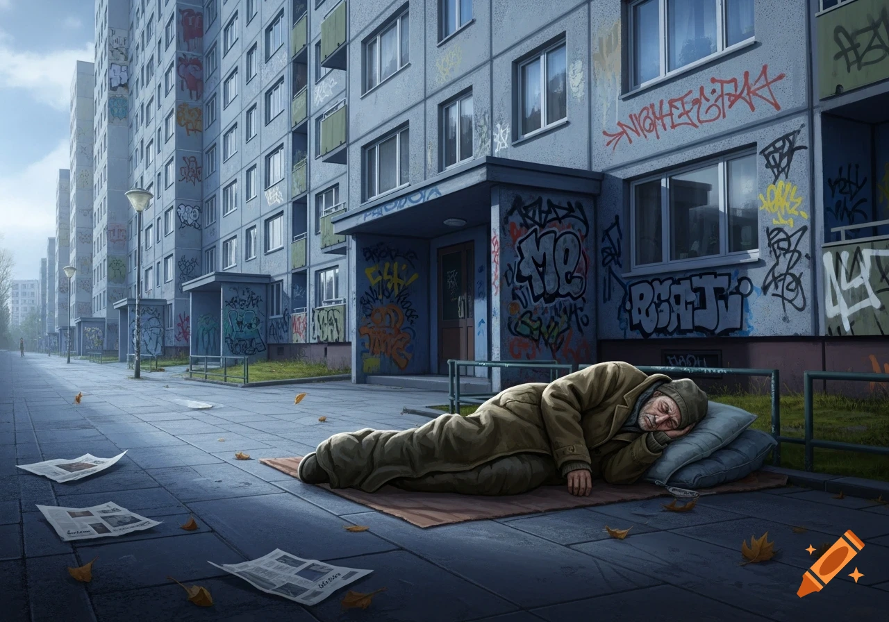 A homeless man sleeps on a mat and pillow on a sidewalk in front of graffiti-covered grey apartment buildings.