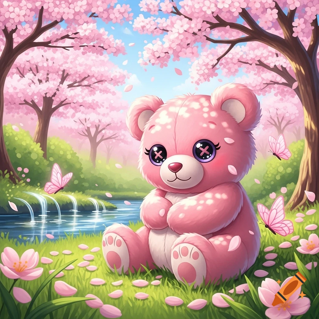 A cute pink teddy bear with large sparkly eyes sits in a lush green field under blooming cherry blossom trees next to a stream.