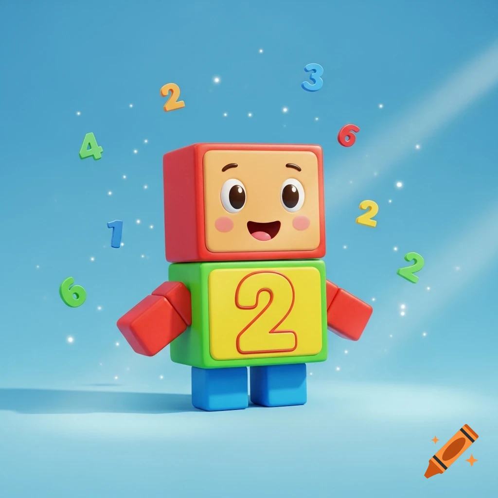 A happy, red and green Numberblocks character with a yellow '2' on its chest, surrounded by floating numbers on a blue background in 3D cartoon style.