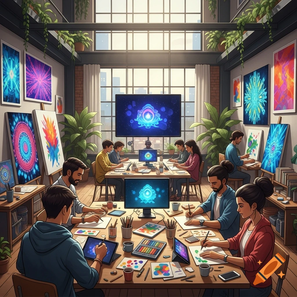 A vibrant art workshop with diverse people creating digital and traditional art, colorful abstract paintings on screens and walls, and art supplies on tables.