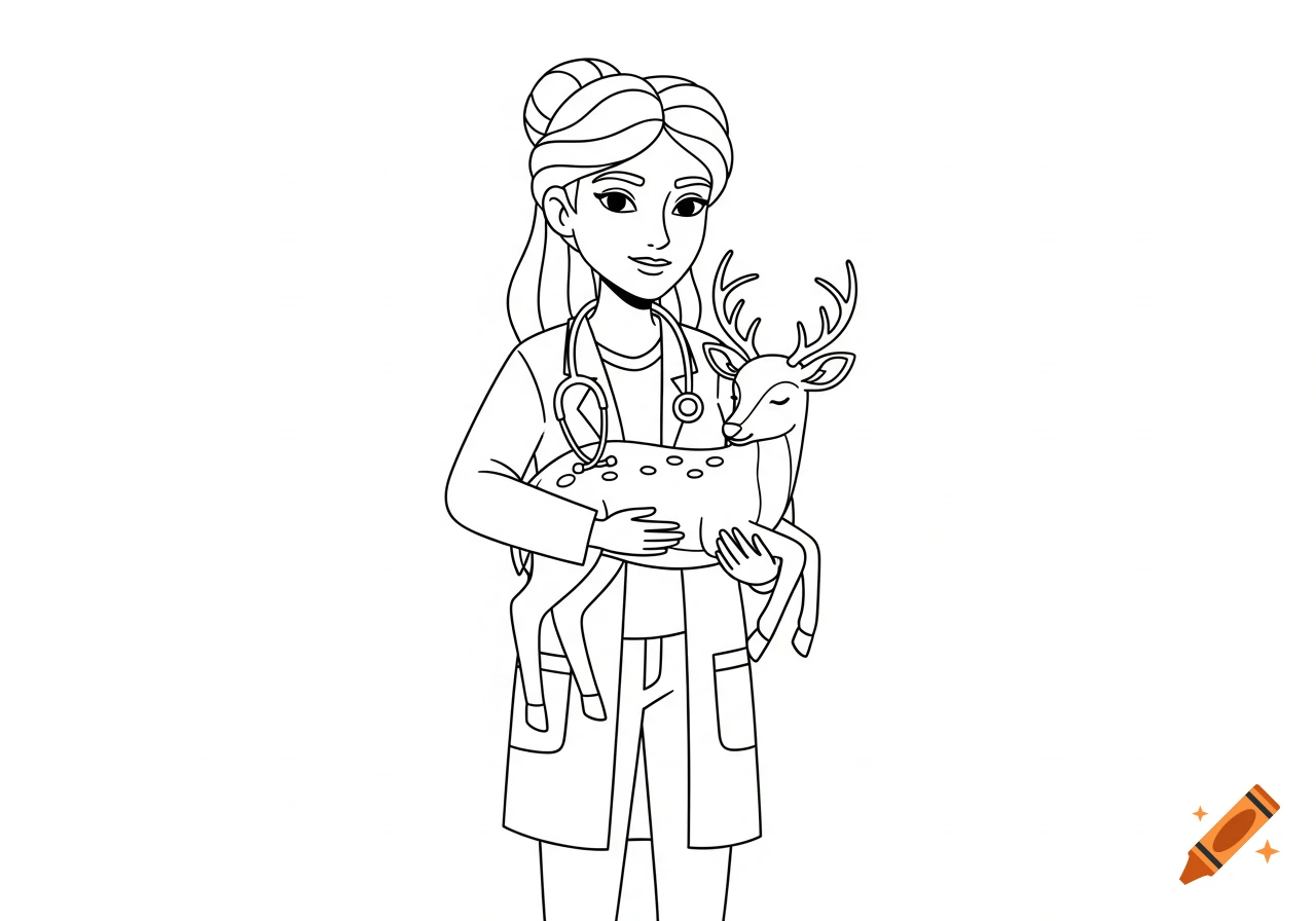 Cartoon line art of a veterinarian in a coat and stethoscope, gently holding a deer, in a coloring-book style.