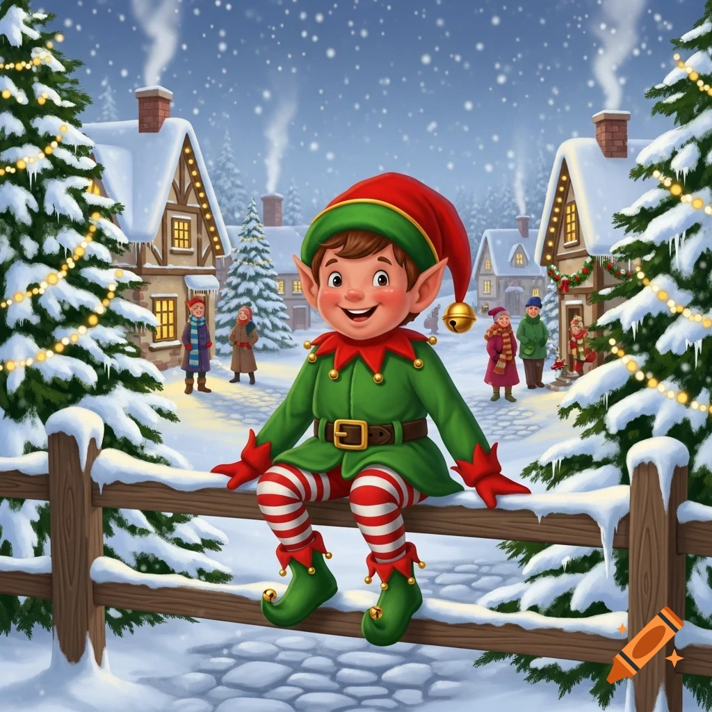 A cheerful cartoon Christmas elf in green and red sits on a snowy wooden fence in a festive village.