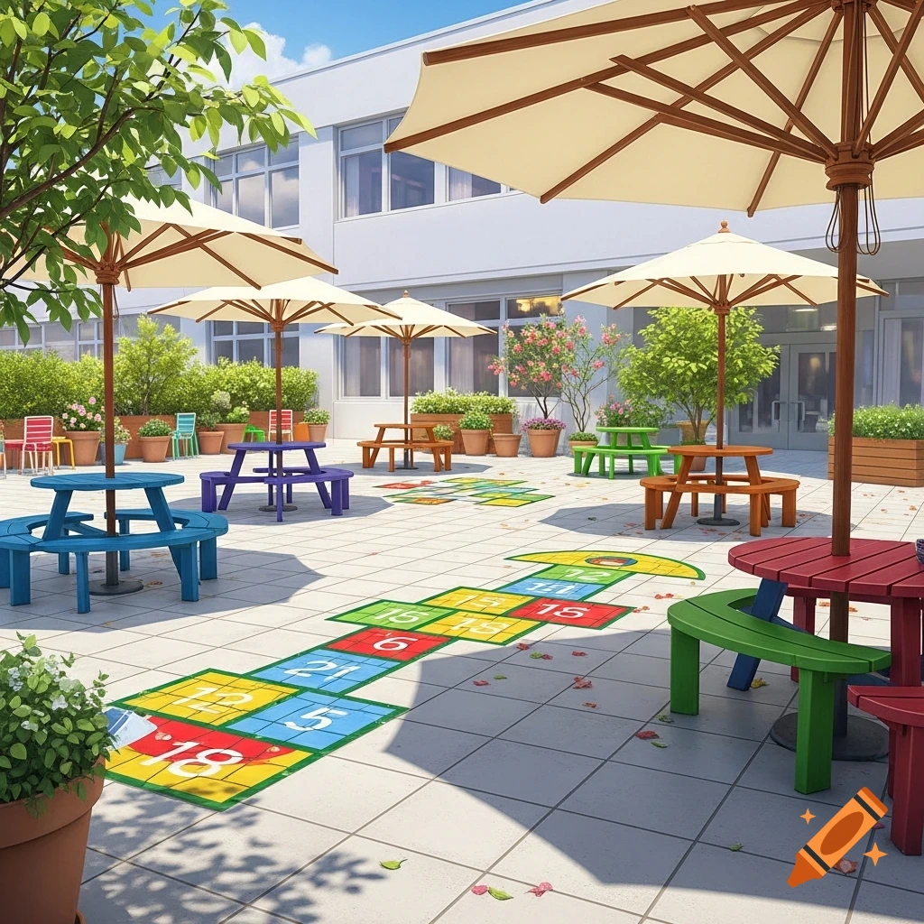 A bright school terrace with colorful picnic tables, large umbrellas, potted plants, and a hopscotch grid on the patio.