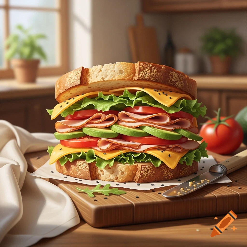 Photorealistic, tall, stacked sandwich with lettuce, cheese, ham, tomato, and avocado slices on a wooden cutting board in a kitchen.