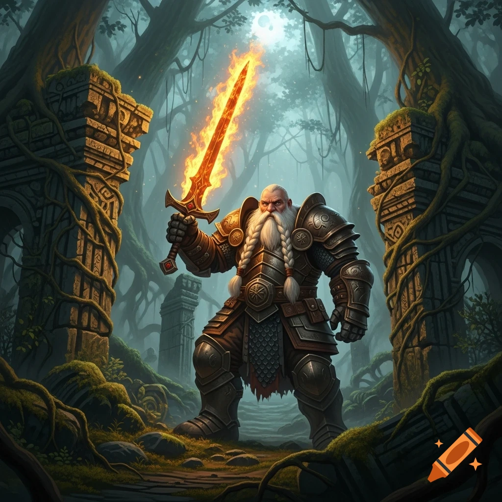 An armored dwarf warrior with a long white beard holds a flaming sword in ancient forest ruins, fantasy art.