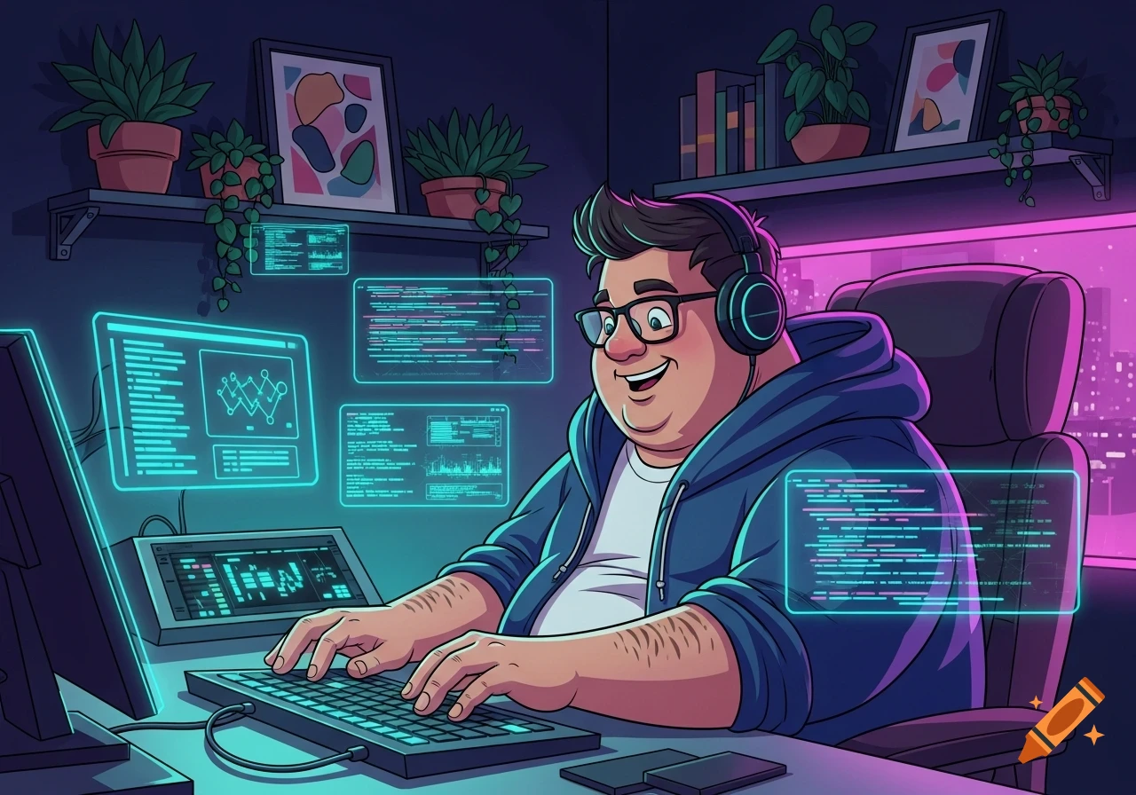 A smiling, overweight cartoon man with glasses and headphones types on a keyboard at a desk with multiple glowing monitors displaying stylized code. Plants and a city view are in the background.