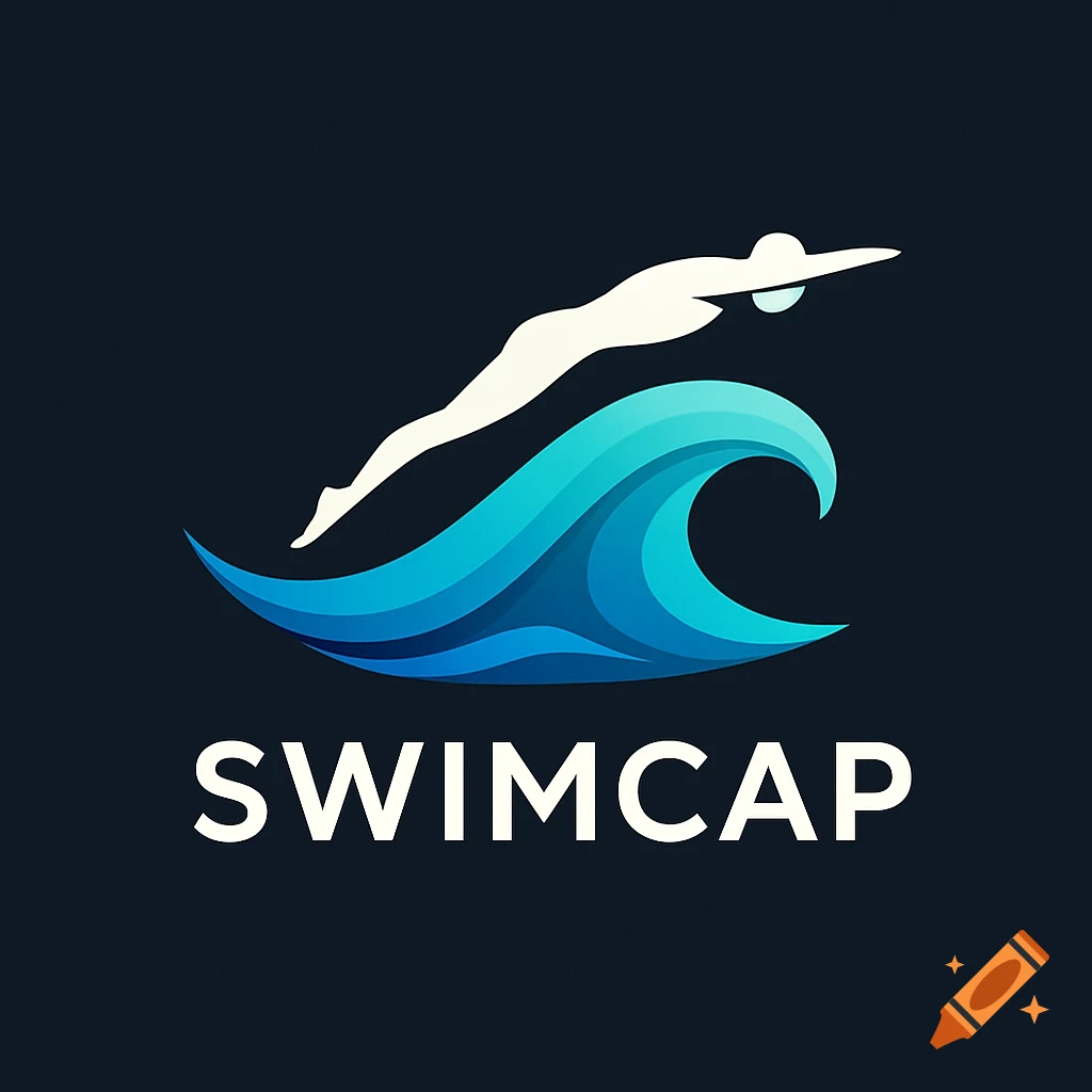 A stylized logo for SWIMCAP with a white silhouette of a person diving into blue waves.