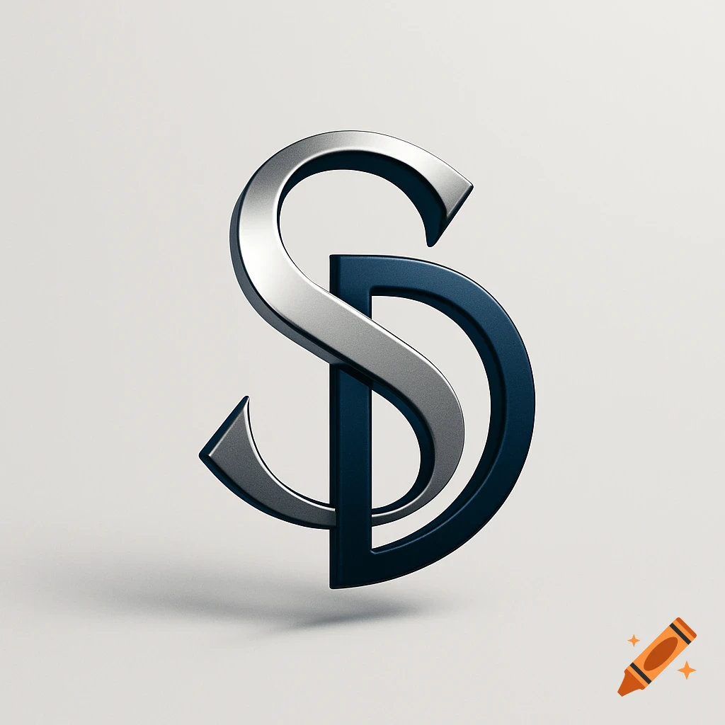 A 3D rendered logo featuring a silver letter 'S' intertwined with a dark blue letter 'D' on a light gray background.