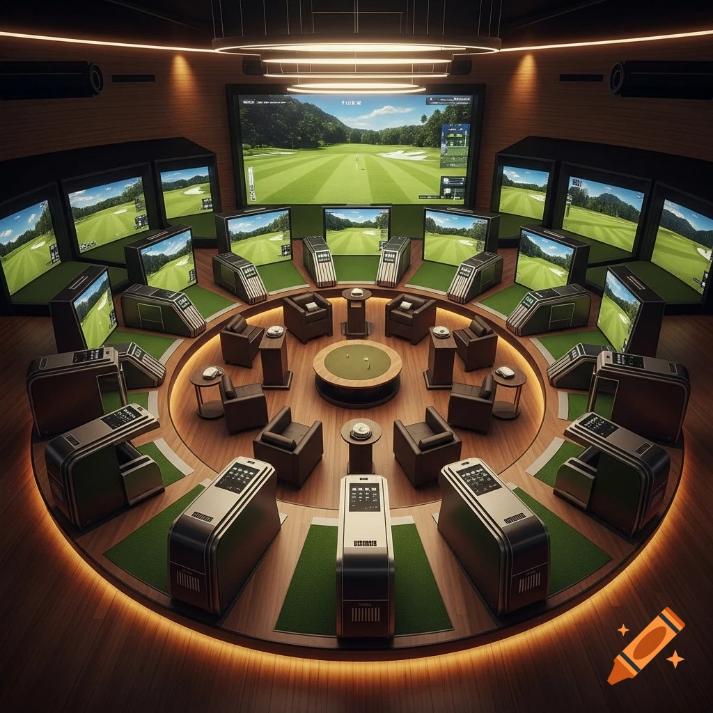 A modern circular room with 18 individual golf simulator stations, each featuring a screen displaying a golf course, a control panel, and a brown armchair, arranged around a central table.