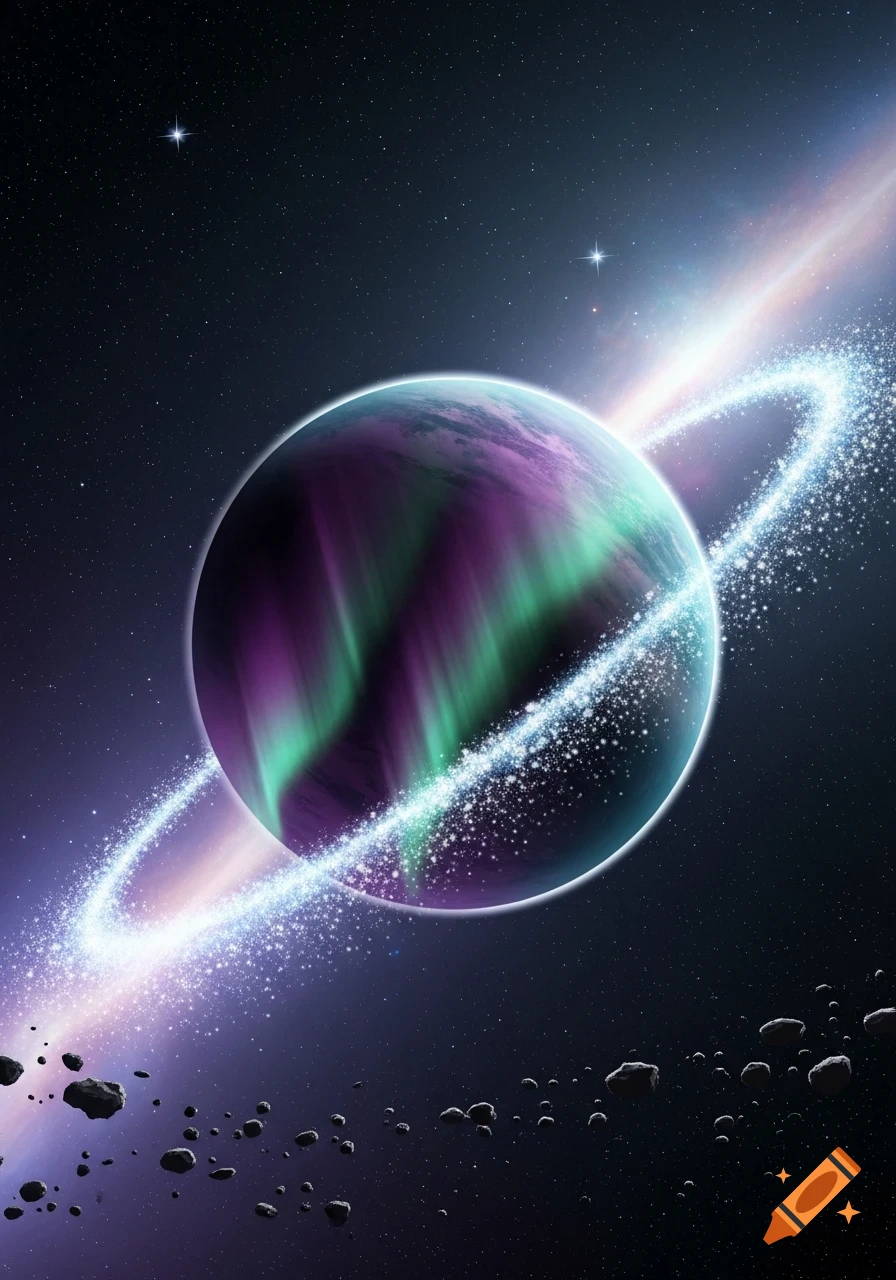 Vibrant planet with glowing purple and green aurora, sparkling rings, and asteroids in a starry space.