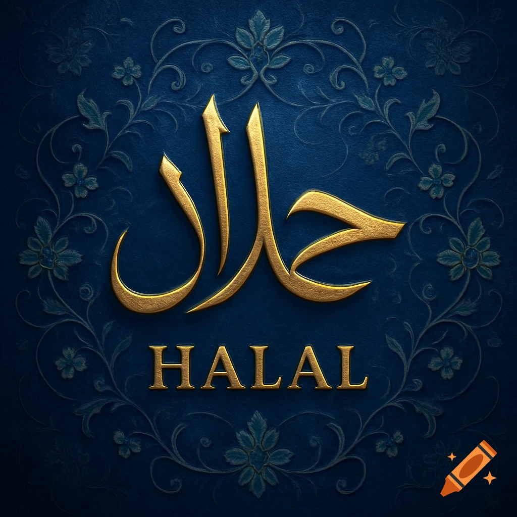 Golden Arabic calligraphy for "Halal" with English text, on a decorative dark blue background with embossed floral patterns.
