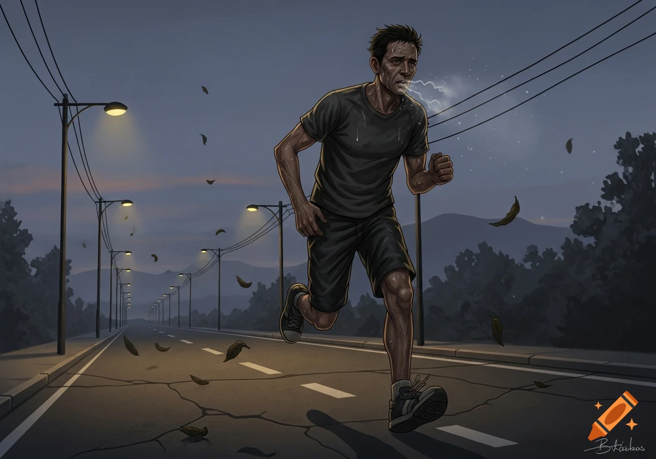 An illustration of a tired man running on a cracked road lined with streetlights at dusk, with leaves falling.