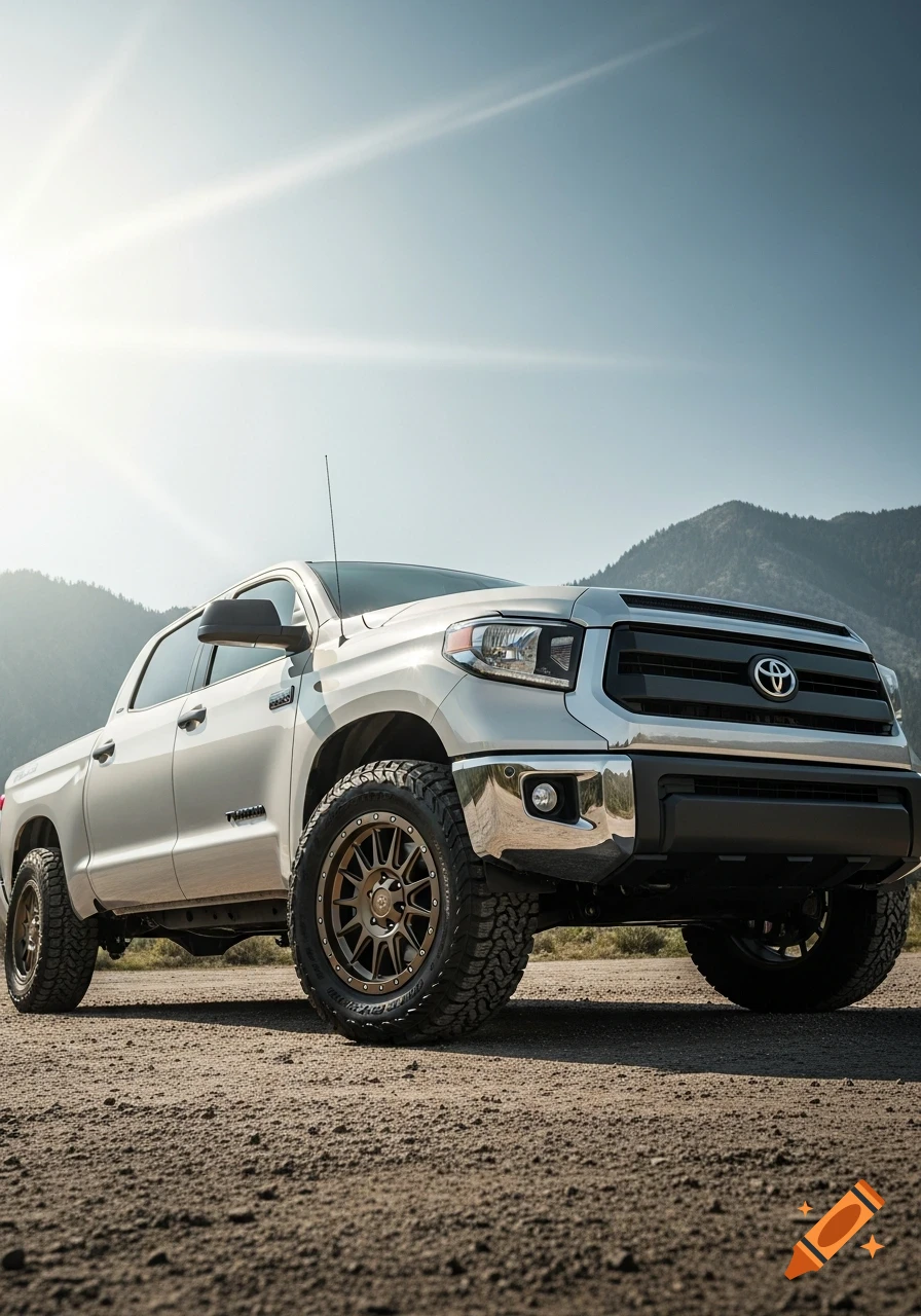 A silver Toyota Tundra pickup truck with bronze FN Five Star wheels and large off-road tires parked on a dirt road, under a bright sky with mountains in the background.