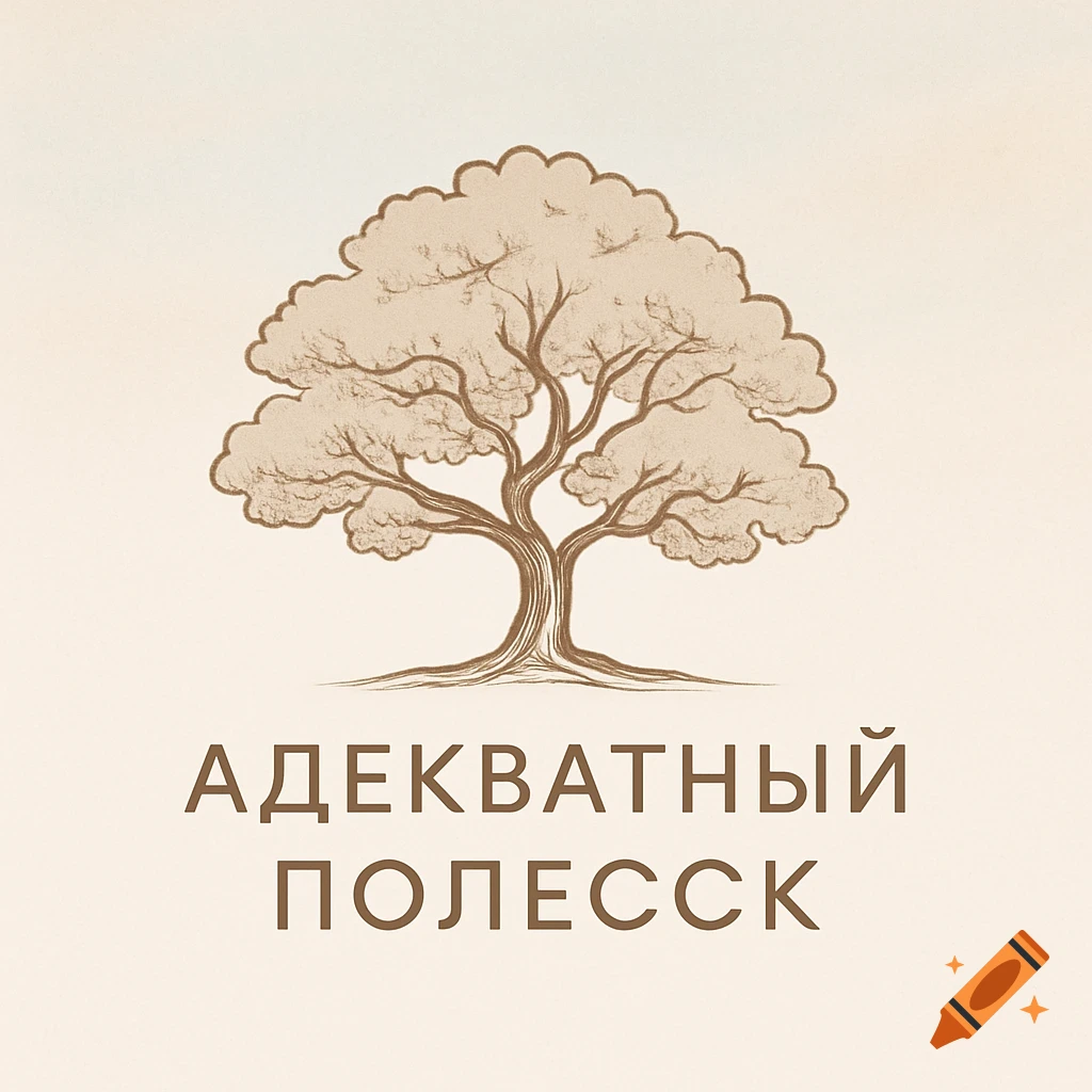 A minimalist brown illustration of a tree with text 'АДЕКВАТНЫЙ ПОЛЕССК' on a light background, in a logo style.