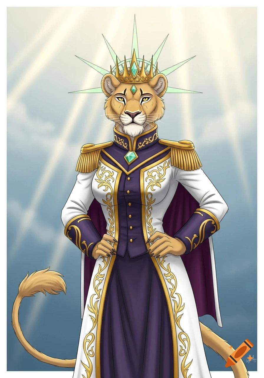 A regal anthropomorphic lioness queen wears a golden spiked crown and an ornate white and purple suit with gold accents.
