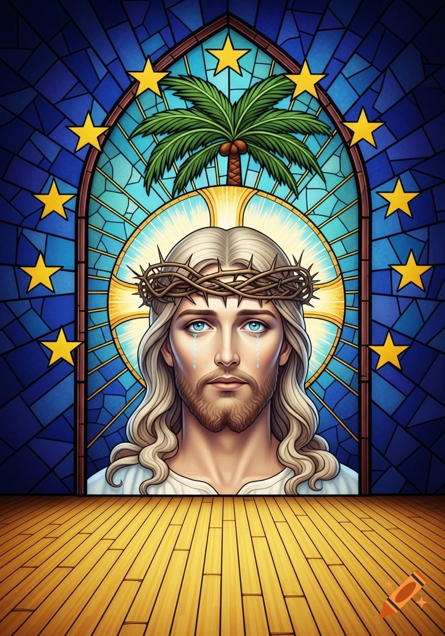 Stained glass artwork of Jesus Christ with a crown of thorns and tears, framed by a palm tree and 12 golden stars, above a wooden floor.