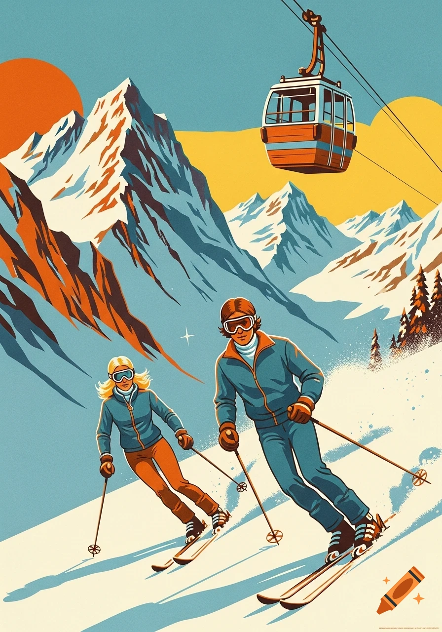 A retro 1970s style ski poster depicting two skiers descending a snowy mountain slope with a gondola and a vibrant sun.