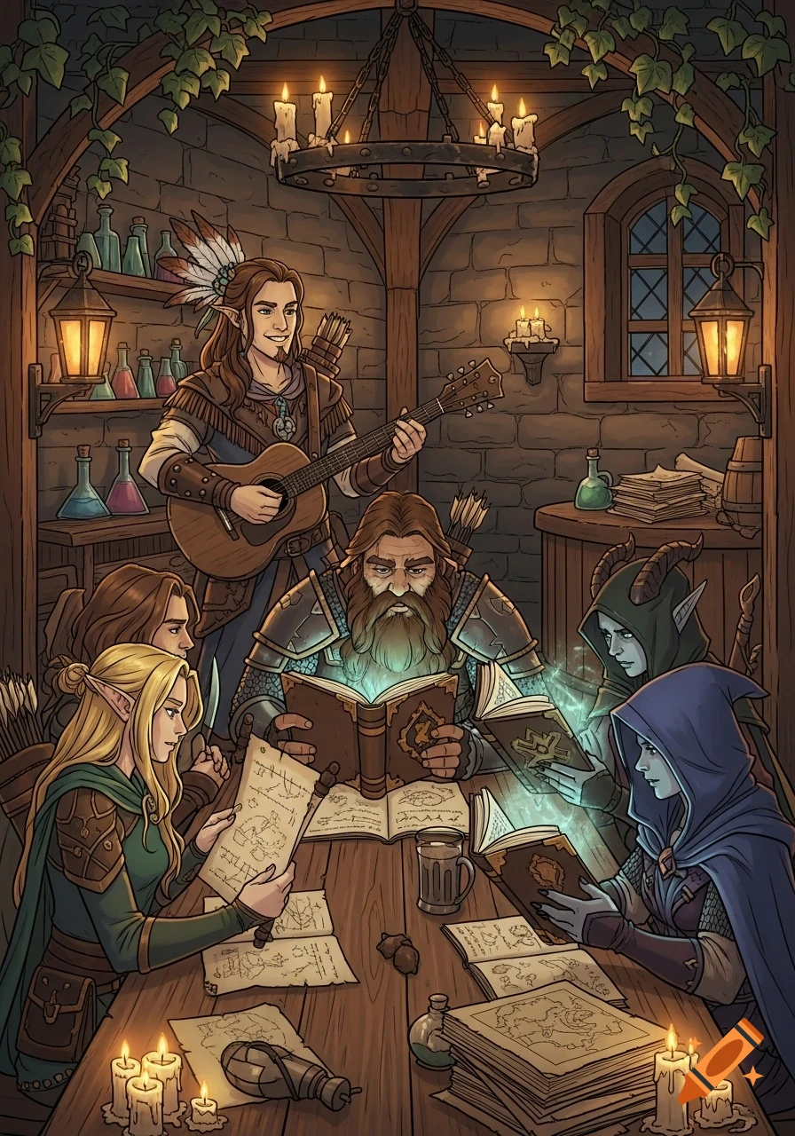 A diverse group of fantasy characters, including elves, a dwarf, and a tiefling, gathered around a wooden table in a candlelit tavern, reading magical books and maps.
