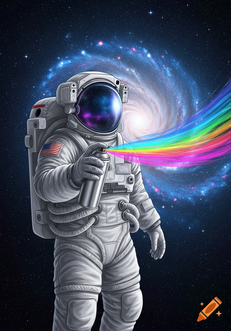 An astronaut in a white suit floats in space, holding a silver spray paint can that emits a vibrant rainbow stream towards a distant spiral galaxy. Digital art.