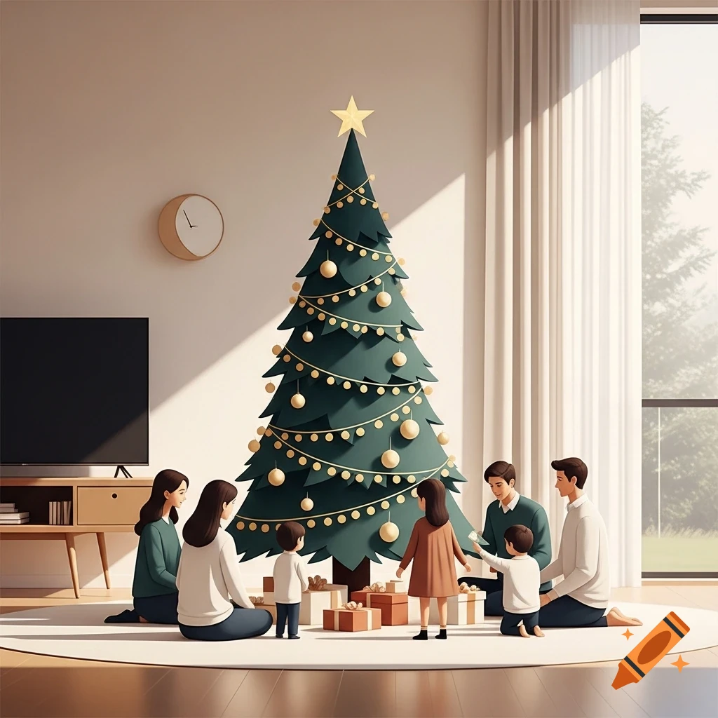 A minimalist illustration shows a family with children gathered around a decorated Christmas tree and presents in a bright living room.