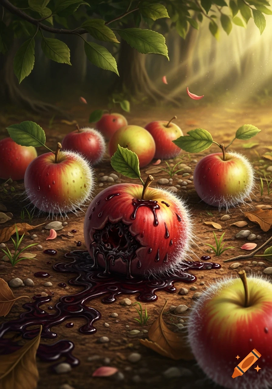 A stylized, dark fantasy image of a bitten apple oozing dark liquid on a forest floor, surrounded by fuzzy, decaying apples.