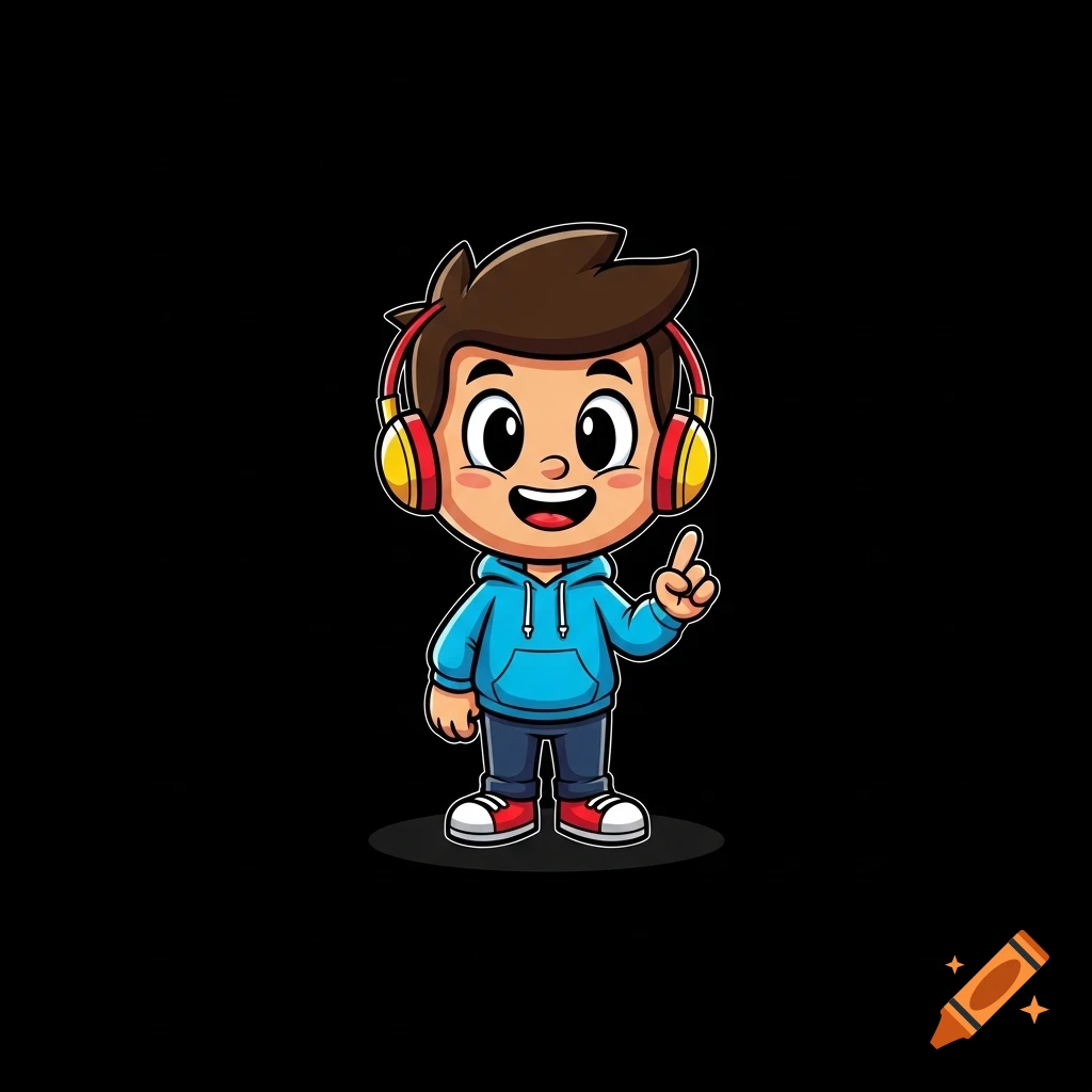A happy cartoon boy with brown hair, red headphones, and a blue hoodie, smiling and pointing up against a black background.
